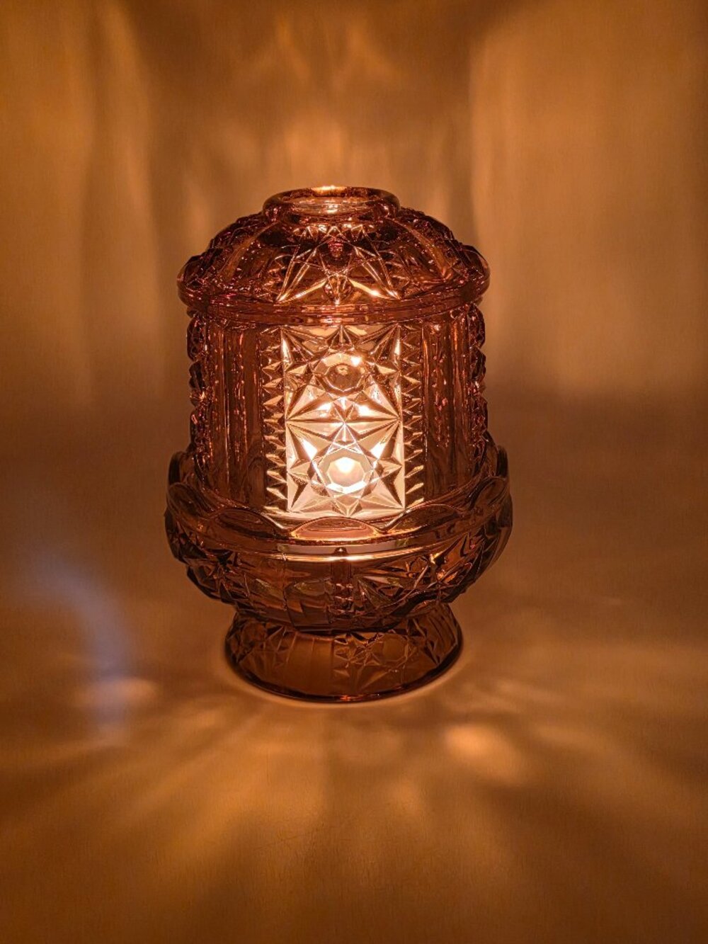 Amber Fairy Lamp Indiana Glass Stars & Bars Vintage 2 Piece Candle Holder 6.5”